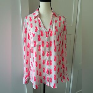 Express White Button-Down Shirt with Neon Pink Pineapple Print | Size Medium.
